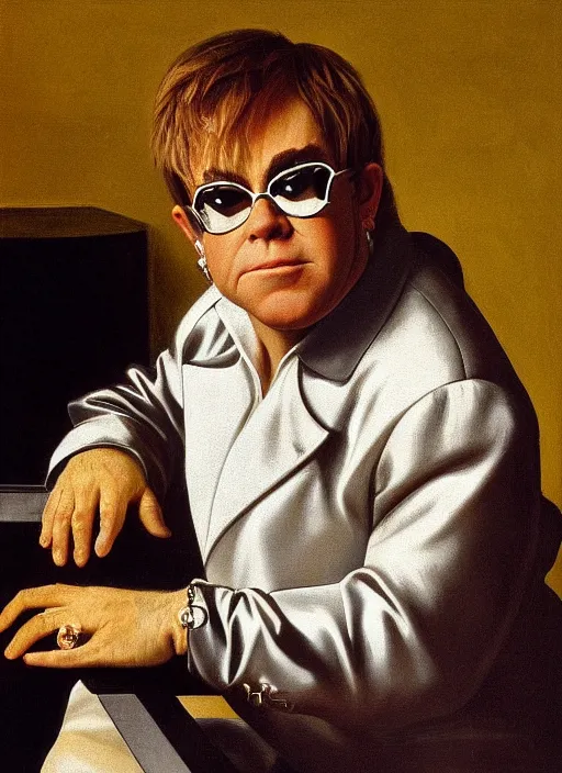 Image similar to portrait of elton john in a golden hour lighting, painted by the caravaggio, 8 k extremely realistic and highly detailed