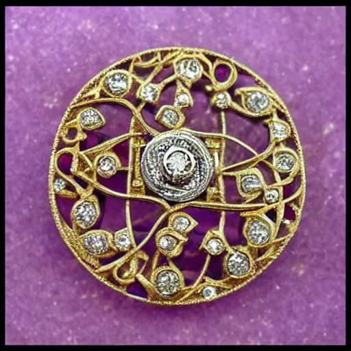 Prompt: beautiful intricate ancient gold and silver brooch with a diamond in the center, filigree around it, alphonse mucha, artstation