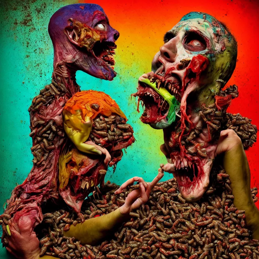 Prompt: a very colorful and beautiful ( flesh - eating ) padoumpa, eating the leg of a terrified man, standing on top of a mountain of maggots, schizophrenic hallucination, by alexandro judorowski and basia tran, fear, morbid, nightmare, supernatural, 8 k, digital art, highly detailed, chiaroscuro, creepy, terrifying