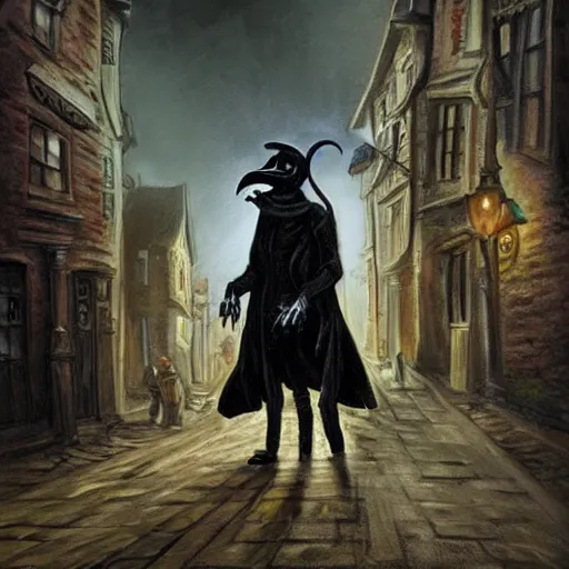 Prompt: a plague doctor walks through a Victorian city, dark atmosphere, detailed, vibrant Colors