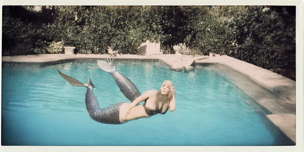 Image similar to a mermaid in pool in a backyard, slightly burn-damaged polaroid photograph, circa 1997