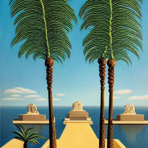 Image similar to a ultradetailed beautiful painting of the amazonas palace balustrade designed by rene magritte, tarsila do amaral, frank weston and gustave baumann, beach, trending on artstation, mediterranean, palm trees, detailed face, sharp focus, soft light, 8 k 4 k