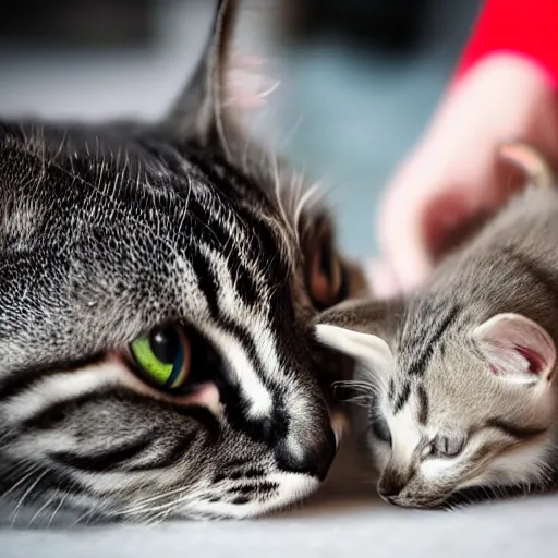 Prompt: cat giving cpr to a kitten, photography