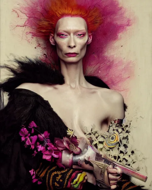 Image similar to portrait of a medieval warrior tilda swinton, goth punk, floral flowers, rainbow colors, surreal, a flemish baroque by alexander mcqueen, art by john collier by greg rutkowski and craig mullins, oil on canvas