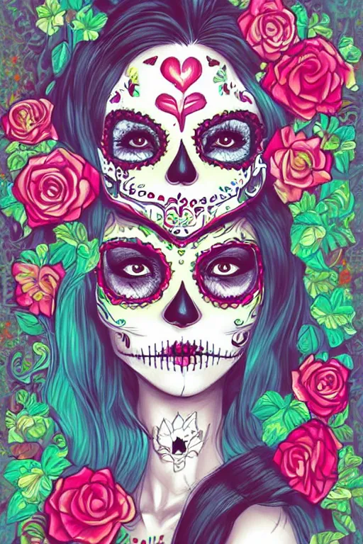 Image similar to illustration of a sugar skull day of the dead girl, art by ross tran