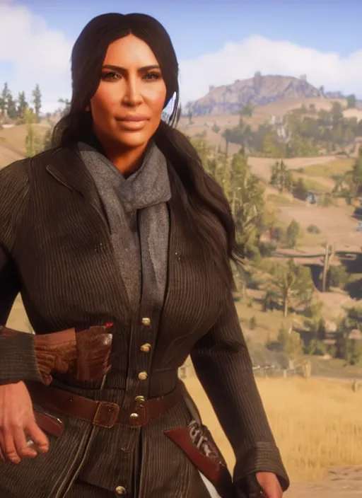 Image similar to film still of kim kardashian as Arthur Morgan in rdr2.