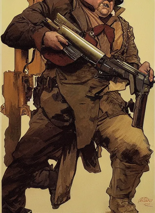 Image similar to gk chesterton as a mercenary with muscles and a shotgun. portrait by james gurney and craig mullins and alphonso mucha. realistic face. expressive face.