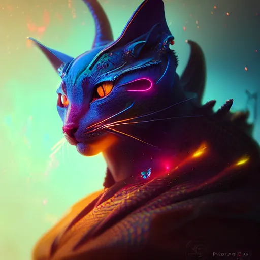 Image similar to beautiful colorful dragon cat. intricate portrait, occult cyberpunk, ancient futuristic, dark art, occult. by Petros Afshar, by artgerm, by Eddie Mendoza, by Peter mohrbacher, octane render, 3d, unreal engine, depth of field, bokeh, motion blur, blur