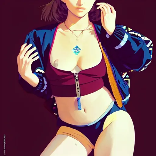 Image similar to a beautiful natalie portman alluring gravure! plus sized model, wearing oversized mayan bomber jacket and leotard with overalls, bulky poofy bomber jacket with mayan patterns, aztec street fashion, gapmoe yandere grimdark, trending on pixiv fanbox, painted by greg rutkowski makoto shinkai takashi takeuchi studio ghibli, akihiko yoshida