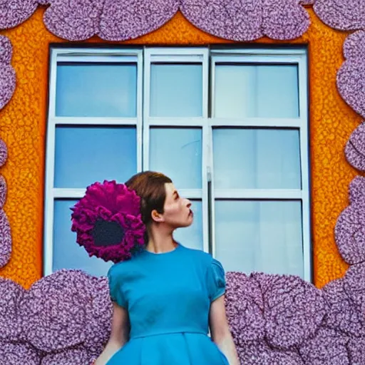 Prompt: giant flower head, girl standing by 1 9 6 0 window, surreal photography, symmetry, mid century, flat perspective, bright colours, blue sky, realistic, wes anderson