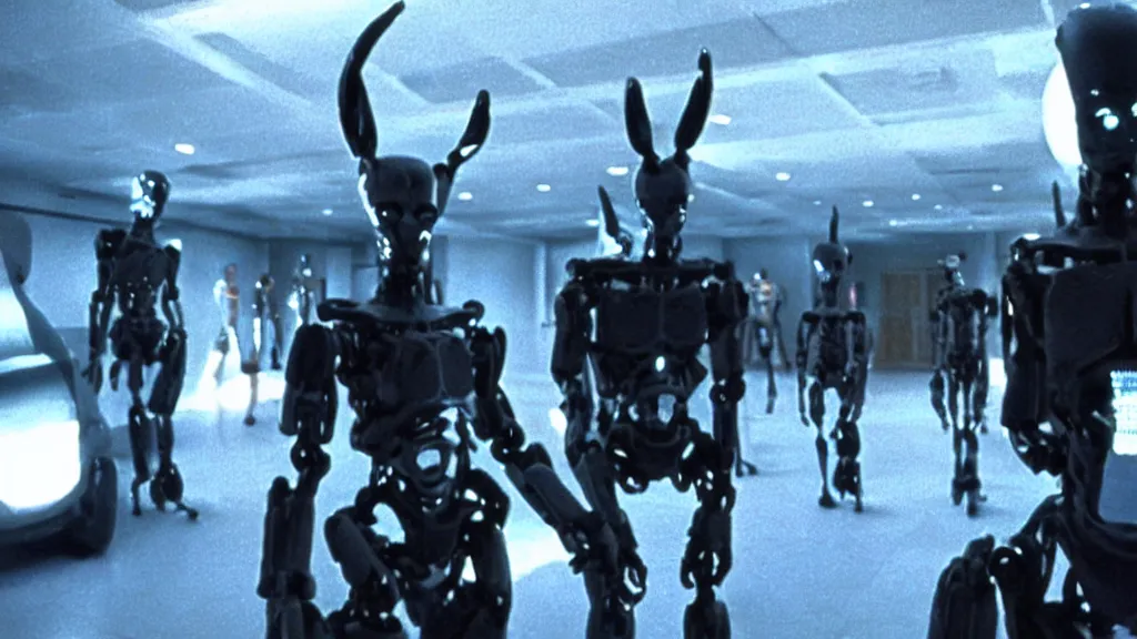 Image similar to movie scene of donnie darko but with robots, movie still, cinematic composition, cinematic light, by edgar wright