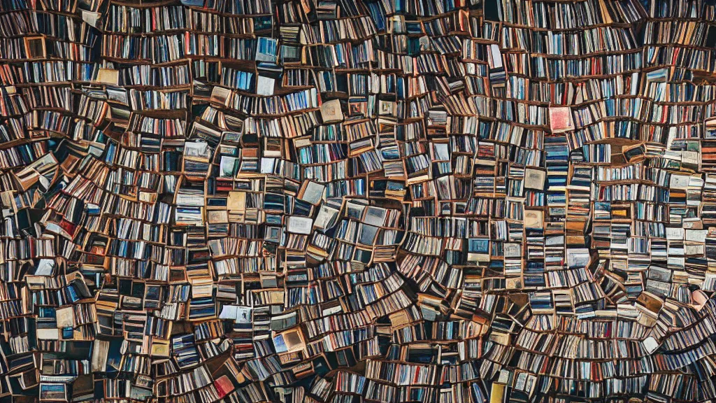 Prompt: professional photograph of a river with books inside of it, aerial view, detailed, dramatic lighting