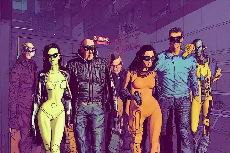 Image similar to cyberpunk heist crew entering club. portrait by stonehouse and mœbius and will eisner and gil elvgren and pixar. character design. realistic proportions. dystopian. cyberpunk 2 0 7 7 character art, blade runner 2 0 4 9 concept art. cel shading. attractive face. thick lines. the team. diverse characters.