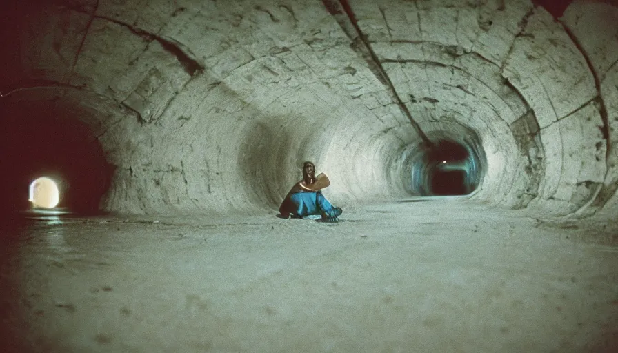 Prompt: 7 0 s movie still of a melting man in a sharp tunnel, cinestill 8 0 0 t 3 5 mm technicolor, heavy grain, high quality, high detail