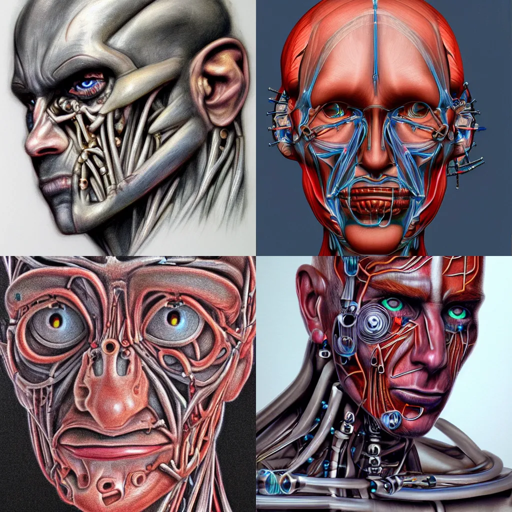 Prompt: a portrait sketch of a biomechanical human, eyes replaced with an a array of sensors, muscle striation visible, 8k, color airbrush, by Simon Bisley