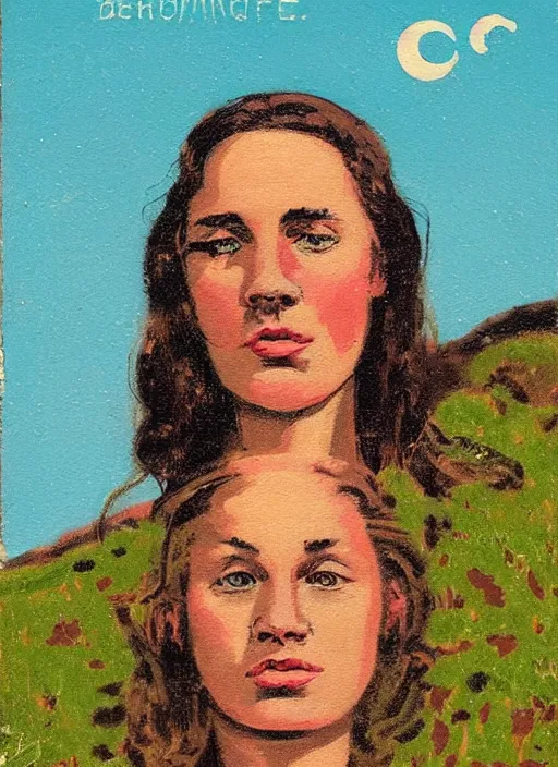 Prompt: an extreme close - up portrait of a sister in a scenic representation of mother nature and the meaning of life by billy childish, thick visible brush strokes, shadowy landscape painting in the background by beal gifford, vintage postcard illustration, minimalist cover art by mitchell hooks