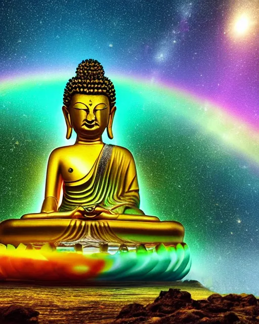 Image similar to the most beautiful star system, sky full of brightly coloured starts, inside of an expansive cave, green tara buddha with a crown of rainbow clouds, floating above a clear mirrored lake, coherent design, symmetrical, vivid color, complementary color, golden ratio, detailed, sharp lines, intricate, rainbowshift, by in unreal engine, nvidia, octane render