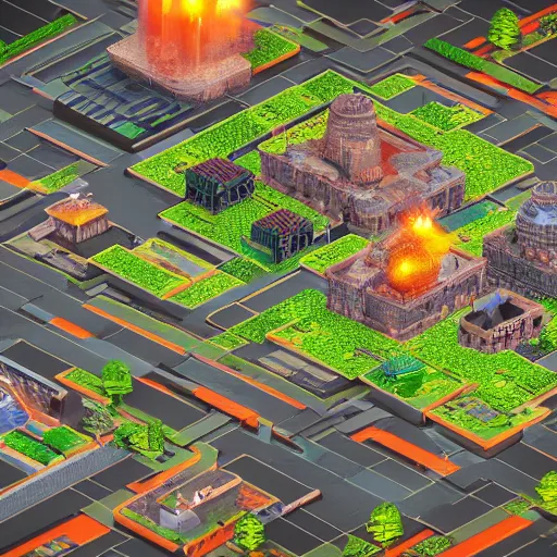 Image similar to isometric city building game inside a volcano, highly detailed, octane render, 3 d