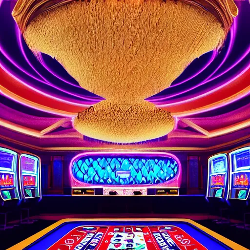 Image similar to Casino party, large and deep room, fruit machines chandeliers, a large carpet dresses the room, luminous projectors, reflections abstract vibes wealth money, trending on artstation