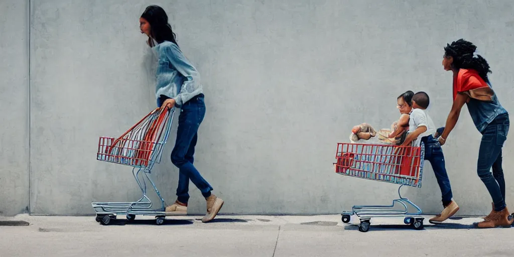 Prompt: homeless mother pushing a shopping cart with a child riding in it, in front of a blank wall, hyperrealistic