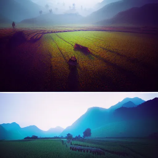 Image similar to yunnan province, fields landscape, by anato finnstark, by alena aenami, by john harris, by ross tran, by wlop, by andreas rocha