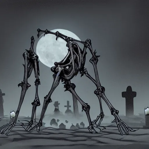 Image similar to skeletal being clawing its way out of a shallow grave, moonlit graveyard, horror, ancient lighting, concept art