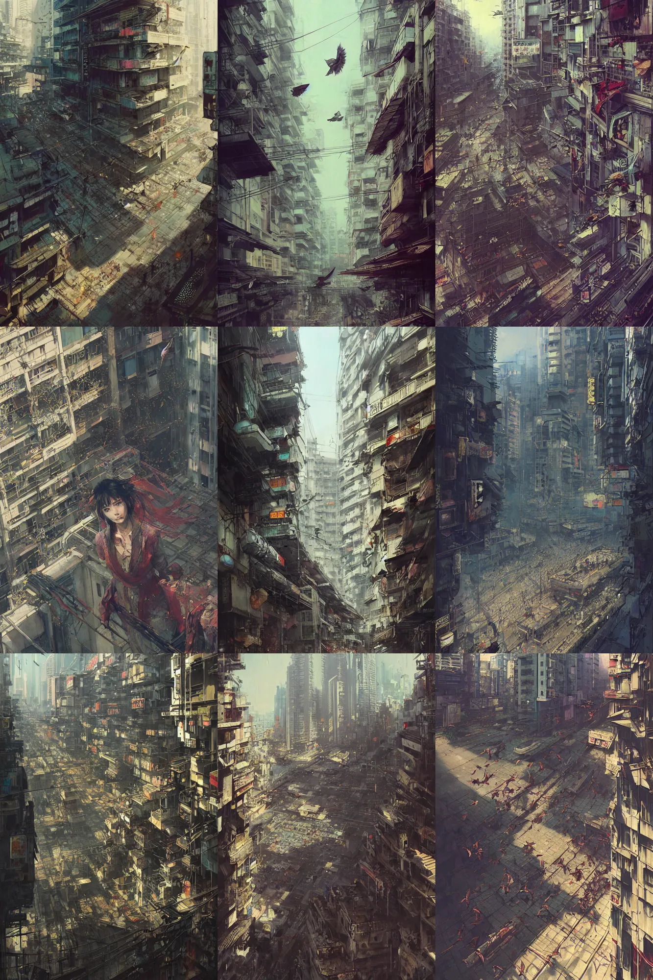 Prompt: ultra realistic beautiful apocalyptic cyberpunk kowloon balcony techno art, lots of signs, doves flying, art by krenz cushart, wlop, yoji shinkawa, greg rutkowski, alphonse mucha, yuxiang chen, intricate, elegant, highly detailed, digital art, artstation, concept art, smooth, sharp focus, illustration, beautiful sunlight and shadows