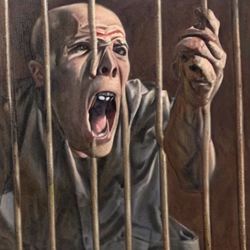 Image similar to a screaming prisoner holding prison bars, realism old oil painting