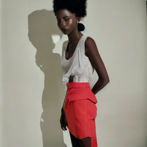 Image similar to realistic fashion photoshoot for a new balenciaga lookbook, color film photography, portrait of a beautiful woman in trendy clothes, in style of Nadine Ijewere, 35mm