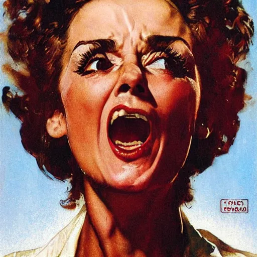 Image similar to head and shoulders portrait of woman, fierce, shouting, snarling, fully clothed, three quarter profile, norman rockwell, jacob collins, tom lovell, frank schoonover