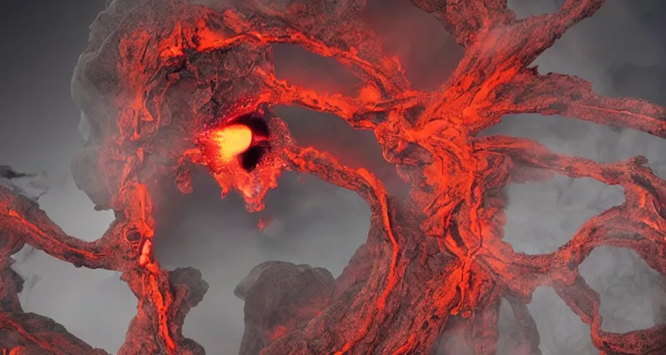 Image similar to a volcano made of ivory vines and crimson rocks enters in eruption, it spits a smoke in the shape of demonic eye, with 3D render