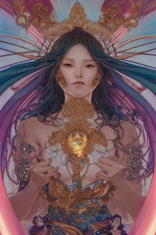 Prompt: the goddess of transcendence, by artgerm and yoshitaka amano and moebius and alphonse mucha, hyperdetailed, dc comics, ornate, nebula, explosions in the sky, trending on artstation