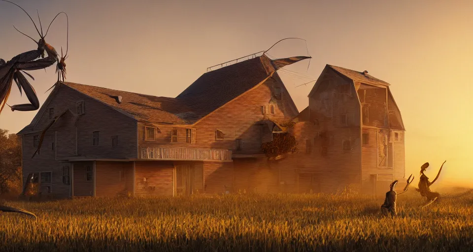 Prompt: giant praying mantis crushes a farm house, hyperdetailed, artstation, cgsociety, golden hour 8k