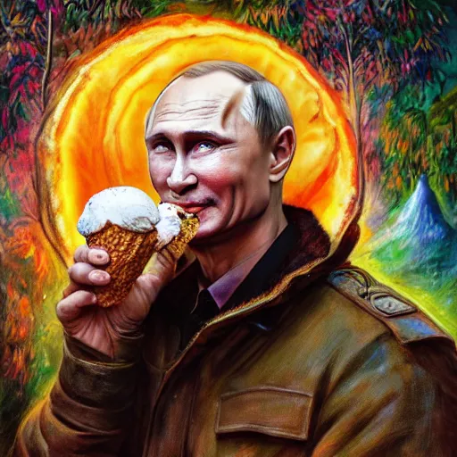 Image similar to portrait of ( ( ( vladimir putin ) ) ) inapocalyptic russia with icecream, hyperrealistic, digital concept art, sharp focus, 3 5 mm film, caricature illustration, art by magic realism, art by josephine wall, art by huang guangjian, art by viktoria gavrilenko, art by amanda sage, trending on artstation