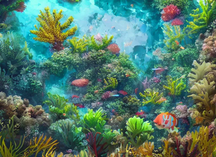 Image similar to overgrown foliage overtaking favela, underwater, colorful coral reef, scenery, professional, award - winning, trending on artstation, detailed, realistic, beautiful, emotional, shiny, golden, picture