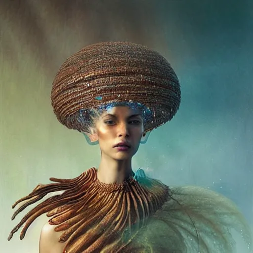 Image similar to brown woman wearing a jellyfish armor. iridiscent. super detailed. layered. textured. award winning. dispersion of light. refracted lighting. soft. fragile. by ray caesar. by louise dahl - wolfe. by andrea kowch. by tom bagshaw. surreal photography