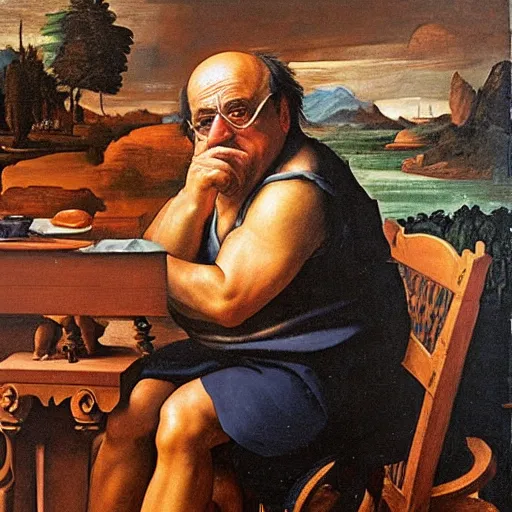 Image similar to renaissance painting of danny devito sitting on a stool, historical, artwork, oil painting, fresco painting, tempera painting