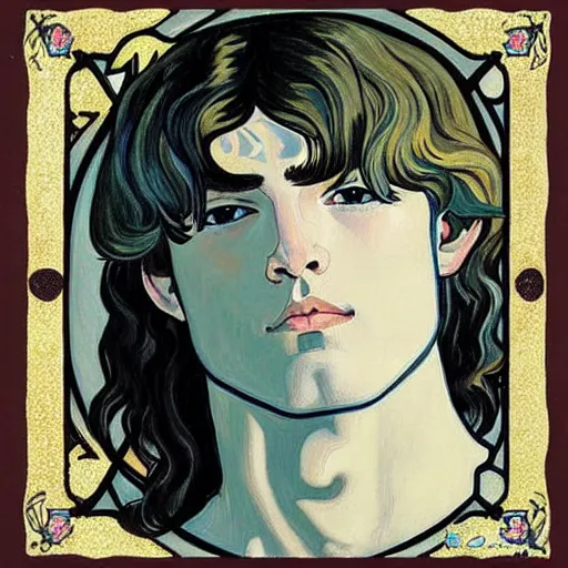 Image similar to painting of young handsome beautiful paladin elf! man with long wavy dark hair in his 2 0 s named shadow taehyung at the blueberry party, wearing armor!, elegant, clear, painting, stylized, delicate, soft facial features, art, art by alphonse mucha, vincent van gogh, egon schiele,