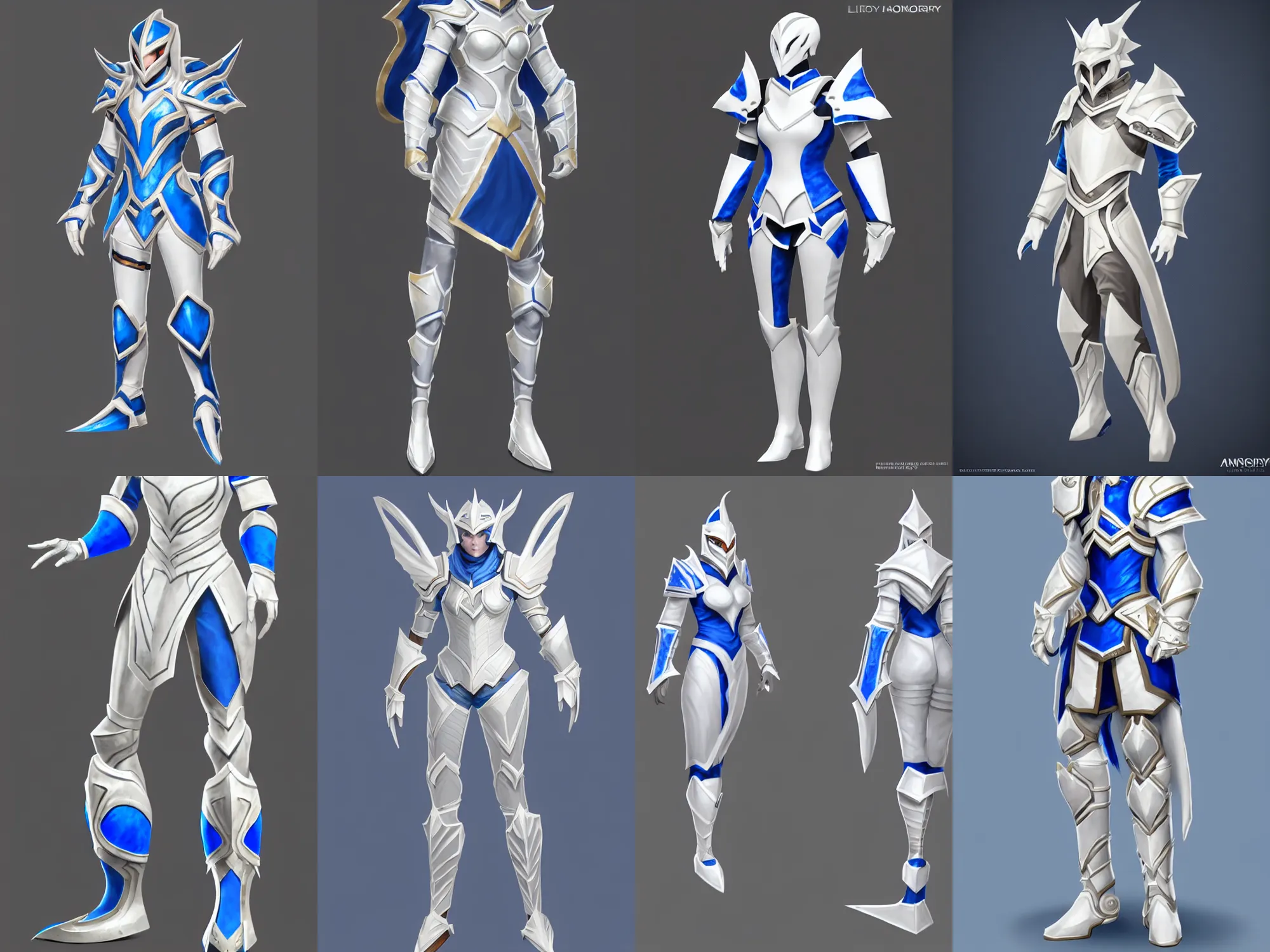 Prompt: legendary armor, white with blue trim, extremely polished, exaggerated proportions, trending on polycount, fantasy character portrait, professional concept art, front view, A-pose, full body
