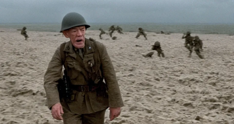Image similar to Film still of Ian McKellan as a soldier storming beaches of Normandy in Saving Private Ryan