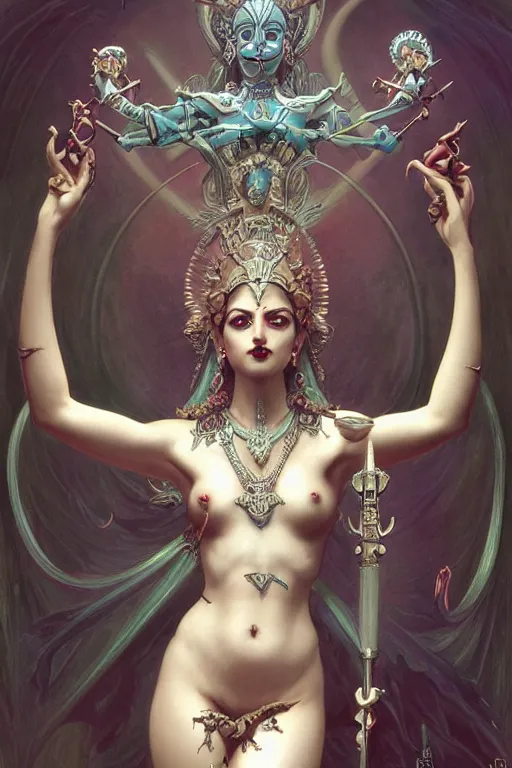 Image similar to beautiful pale Kali goddess of destruction multi arms with swords, dark fantasy, cinematic lighting, intricate, elegant, highly detailed, digital painting, artstation, smooth, sharp focus, illustration, art by artgerm and greg rutkowski and zdislav beksinski and alphonse mucha and Wayne Barlowe and william-adolphe bouguereau