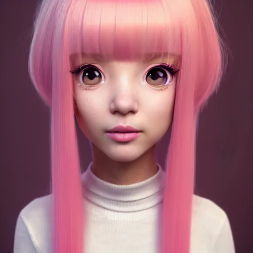 Image similar to A portrait of Nikki from Shining Nikki and Love, a cute 3d cgi toon young woman with long light pink hair, full bangs, hazel eyes, full face, light makeup, pale skin, Chinese heritage, cute outfit, medium shot, mid-shot, hyperdetailed, 8k, trending on artstation, as a Pixar character