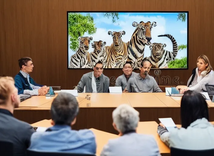 Image similar to photo of a zoo animals on a board meeting. Highly detailed 8k. Intricate. Sony a7r iv 55mm. Stock photo.