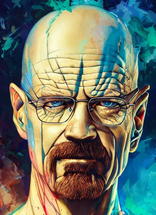 Image similar to a Demon Slayer portrait of Walter White, tall, pale-skinned, crystal blue eyes, chromatic aberration, by Stanley Artgerm, Tom Bagshaw, Arthur Adams, Carne Griffiths, trending on Deviant Art, street art, face enhance, chillwave, maximalist, full of color, glittering