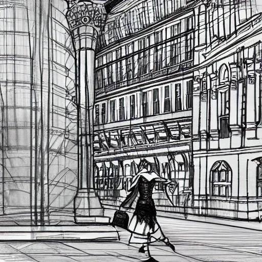 Prompt: a sketch drawing, tcleopatra walks around moscow, view of the central department store by gabo mendoza, trending on artstation