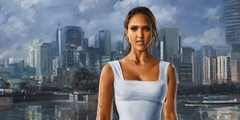 Image similar to ultra realistic painting of jessica alba in the 1 9 8 9 city of tacoma, wearing a water soaked white short dress, looking into the camera with a smirk, art by ross draws, 4 k, ultra realistic, highly detailed, epic lighting