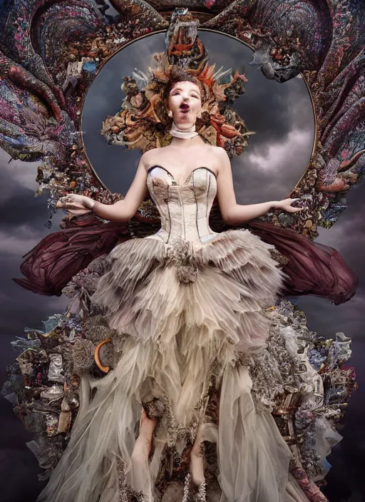 Image similar to expressive full body photo of anya taylor - joy, dress made of sweets, glamour shot, by karol bak, stefan gesell, photorealistic, nikon d 4 x, fashion photography, hyper maximalist, elegant, ornate, luxury, elite, environmental portrait, symmetrical features, octane render, unreal engine, solid dark grey background, dramatic lights