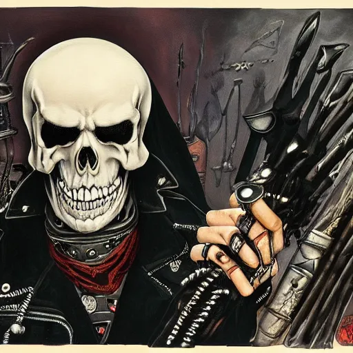 Image similar to a portrait of the grim reaper as a punk rocker, punk, skeleton face, mohawk, dark, fantasy, leather jackets, spiked collars, spiked wristbands, piercings, boots, guitars, motorcycles, ultrafine detailed painting by frank frazetta and vito acconci, detailed painting