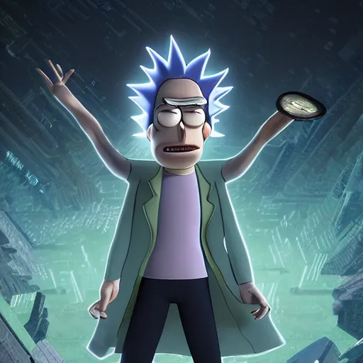 Image similar to full body pose, hyperrealistic photograph of rick sanchez from rick and morty, dim volumetric lighting, 8 k, octane beautifully detailed render, extremely hyper detailed, intricate, epic composition, cinematic lighting, masterpiece, trending on artstation, very very detailed, stunning, hdr, smooth, sharp focus, high resolution, award, winning photo, dslr, 5 0 mm