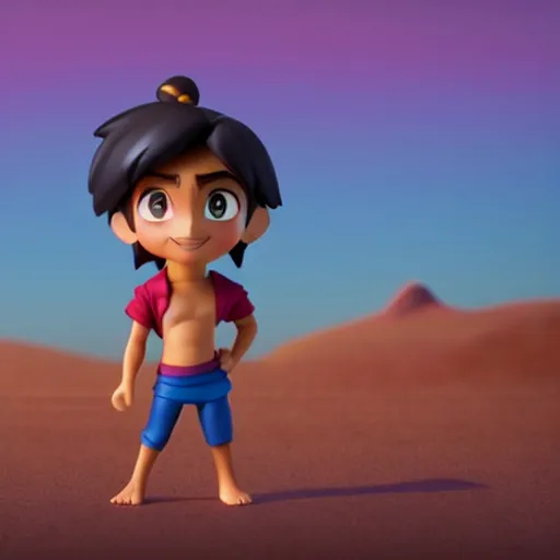 Image similar to profile view of young aladdin as nendoroid walking in a desert in the croods movie style, anime, disney, pixar, 8 k, hd, dof, kodak film, volumetric lighting, subsurface scattering, photorealistic, octane render, details